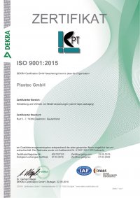Zertifikat ISO 9001:2015 – Plastec GmbH