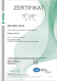 Zertifikat ISO 9001:2015 – Plastec GmbH