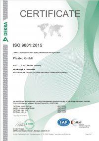 Zertifikat ISO 9001:2015 – Plastec GmbH